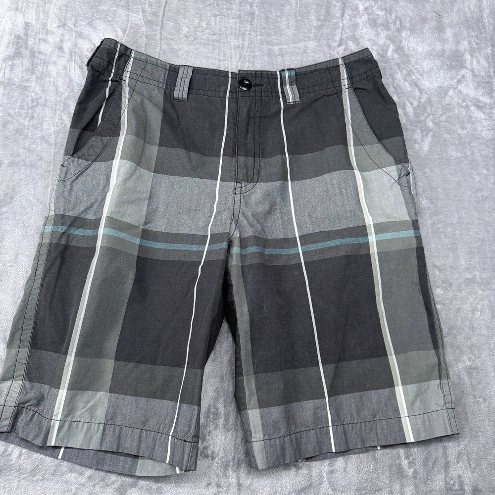 BKE Shorts Mens Size 34 Plaid Flat Front Grey Black Teal Casual Summer